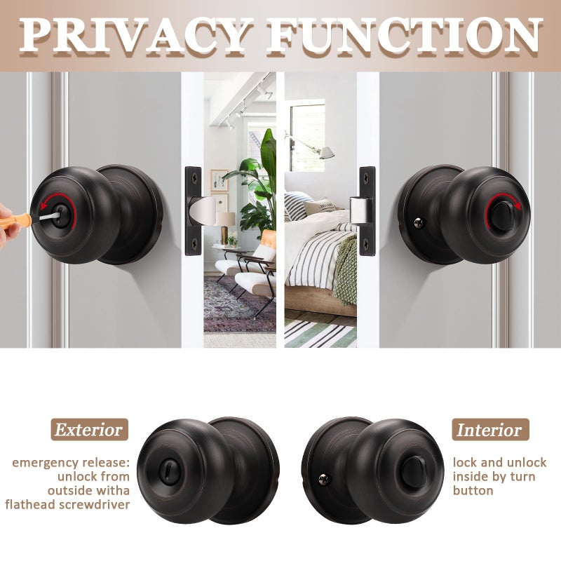 Probrico 5 Pack Interior Bathroom Privacy Keyless Doorknobs Door Lock Lockset in Oil Rubbed Bronze - Image 3